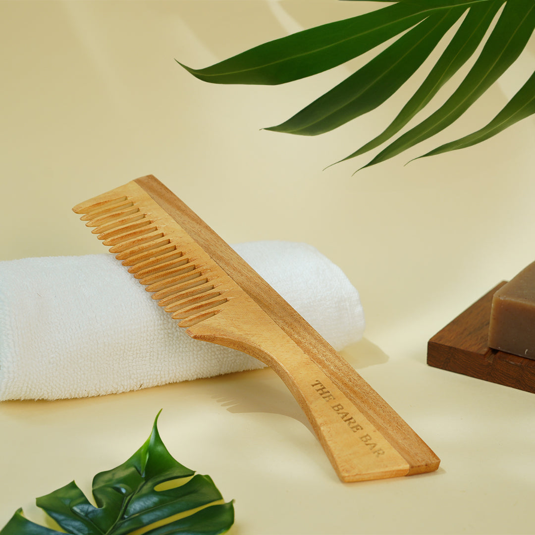 Neem Ayurvedic Wooden Handle Comb - Wide Tooth for Gentle Detangling